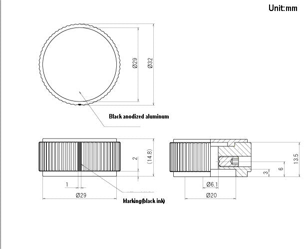 K-52-KE-L, Sato Parts 6.0mm Shaft, 32.0mm Splined Aluminum Knob with Line