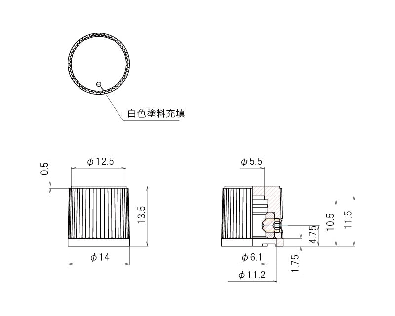 K-8075-6.1, Sato Parts 6.0mm Shaft Splined Body Phenolic Knob with Indicator Dot