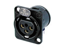 NC3FD-H-B, Neutrik 3-Pole Female XLR Receptacle, Horizontal PCB Mount, Black Metal Housing, Gold Contacts