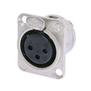 NC3FD-L-1 Neutrik, 3-Pole Female D-Series Panel Mount Receptacle, Solder Cups, Nickel Housing, Silver Contacts