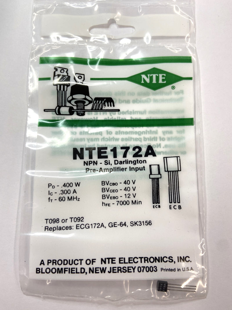 NTE172A, 300mA@40V NPN Darlington Pre-Amp/Switch ~ TO-98 or TO-92 (ECG172A)
