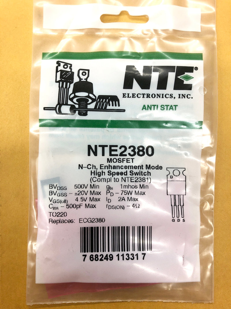 NTE2380, 2A @ 500V MOSFET N Channel Enhancement Mode ~ TO-220 (ECG2380)