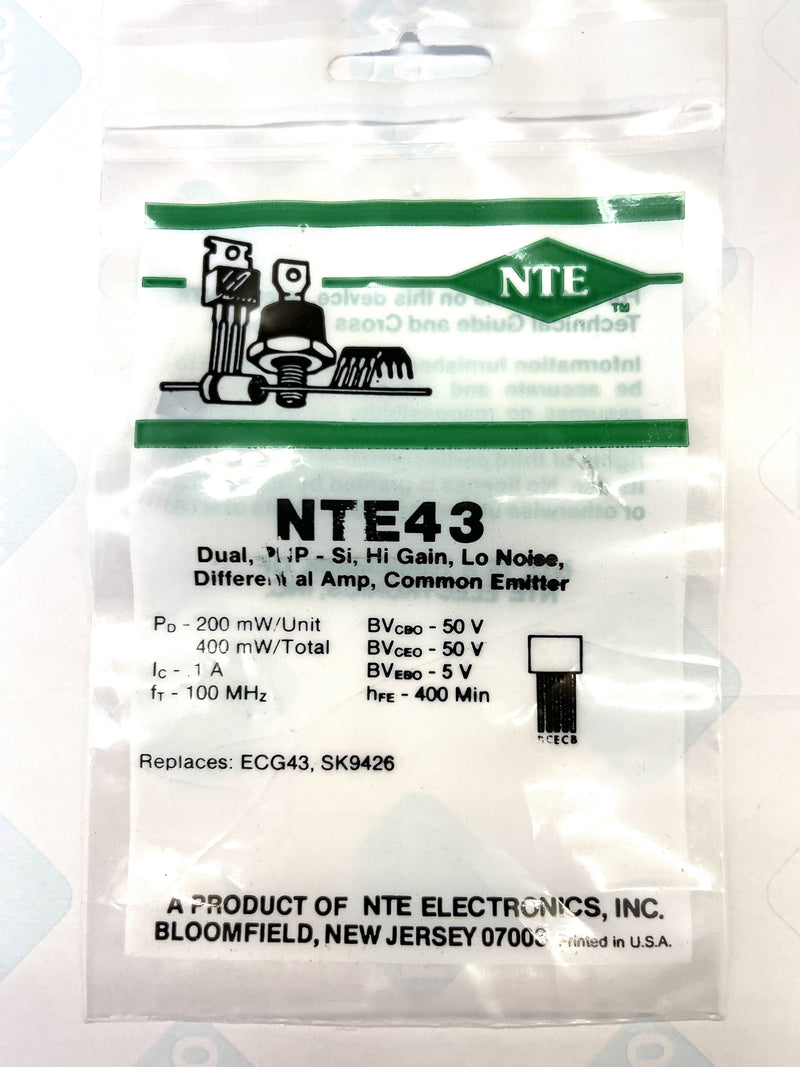 NTE43, PNP Dual Transistor High Gain Lo-Noise Differential Amp ~ 5 Pin SIP ECG43