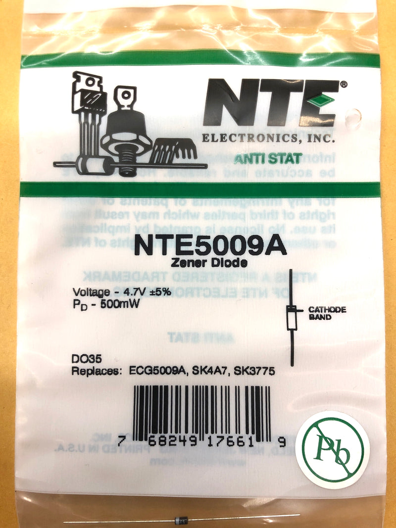 NTE5009A, 4.7V @ 1/2 Watt Zener Diode 5% ~ DO-35 Axial Lead Case (1 Per Pack)