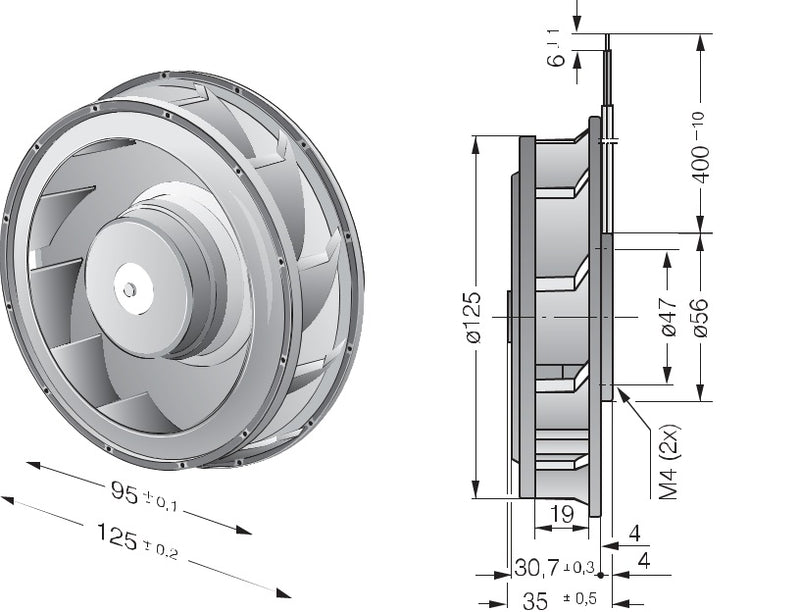 RER125-19/12N/12, Papst R138mm x 38mm 12V DC Centrifugal Fan ~ 64.74 CFM