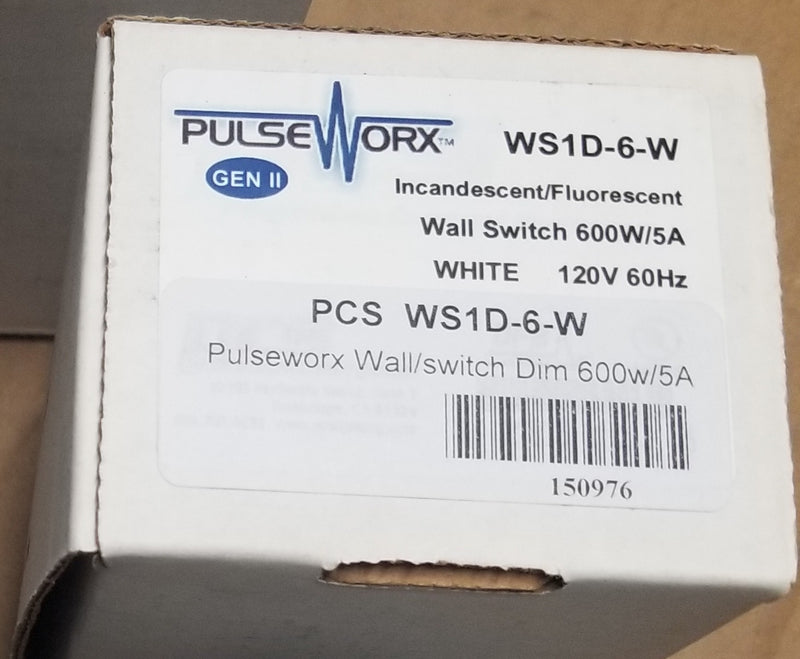 PulseWorx WS1D-6-W, Wall Switch Dimmer and Remote Wall Switch - 600W/5A Maximum