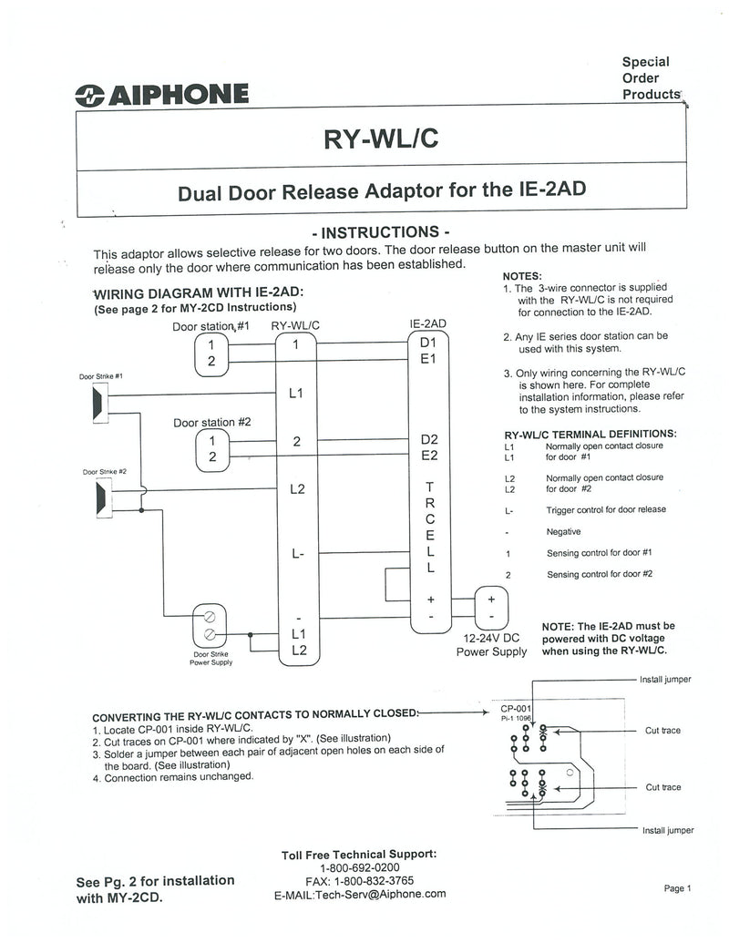 Aiphone RY-WL/C Dual Door Release Adaptor for the IE-2AD & MY-2CD (DISCONTINUED)