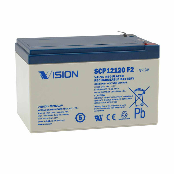 SCP12120-F2, Powersonic -12 Volt/12 Amp Hour Sealed Lead Acid Battery with F2 Terminals