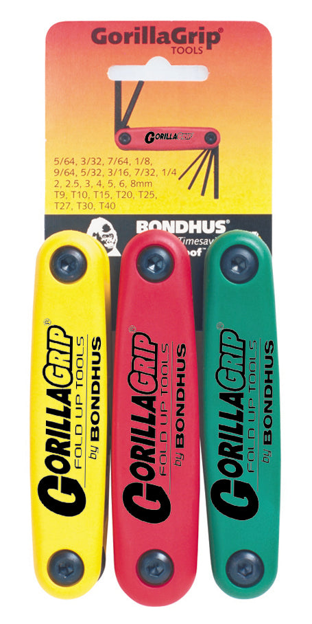 Bondhus 12533 (HF24) Triple Pack GorillaGrip Hex Key Fold Up Inch, Metric & Torx