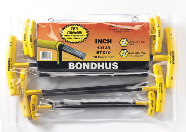 Bondhus 13138 10 Piece Inch T-Handle Hexdriver/Balldriver Set (3/32" to 3/8")