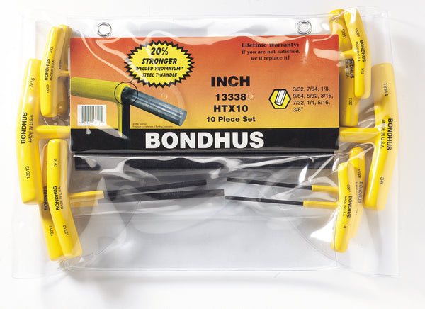 Bondhus 13338 (HTX10) 10 Piece Inch T-Handle Hexdriver Set (3/32" to 3/8")