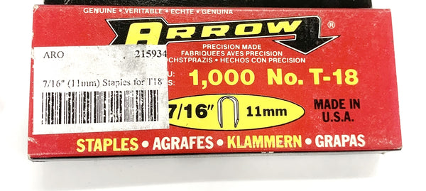 Arrow Fastener # 187, 7/16" (11.0mm) Steel Staples for T18 ~ 1,000 Count Box