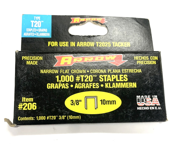 Arrow Fastener # 206, 3/8" (10.0mm) Steel Staples for T2025 ~ 1,000 Count Box