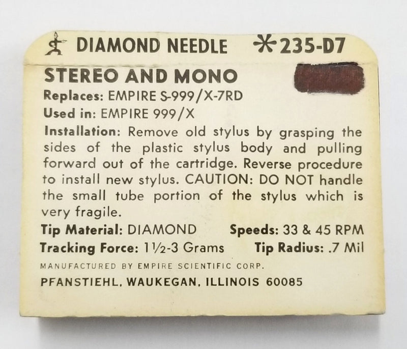Pfanstiehl 235-D7 Diamond Needle for Audio Empire*