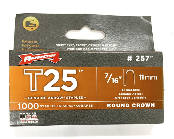 Arrow Fastener # 257, 7/16" (11.0mm) Steel Staples for T25 ~ 1,000 Count Box