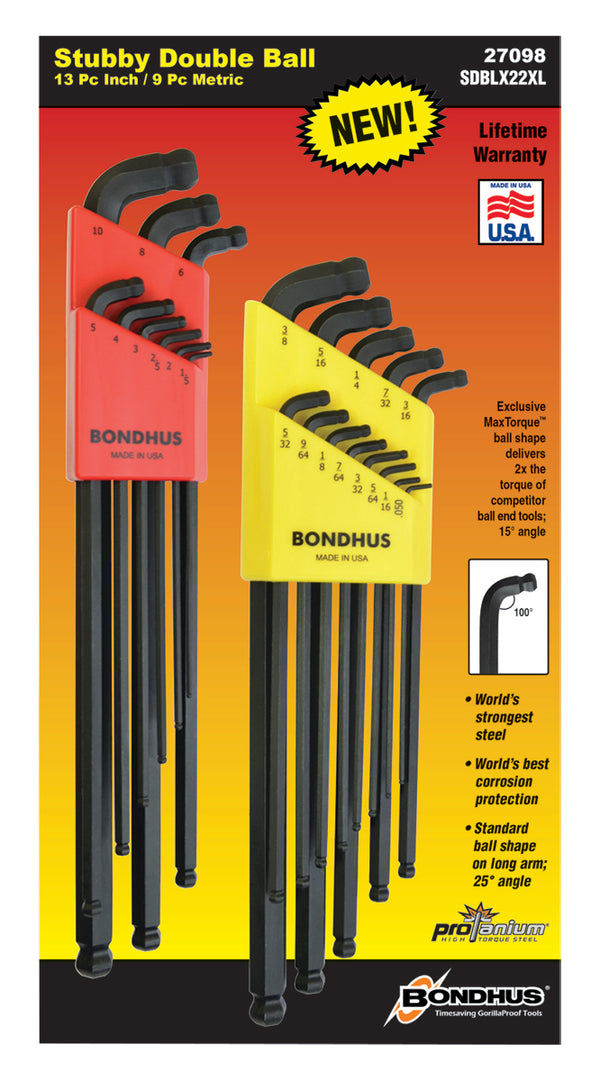 Bondhus 27098 Two Pack, Stubby Double Balldriver Inch & Metric Hex Key Sets