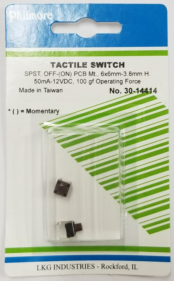 Philmore 30-14414 SPST OFF-(ON) Momentary 6.0mm x 7.0mm Tactile Switches, 2 Pack