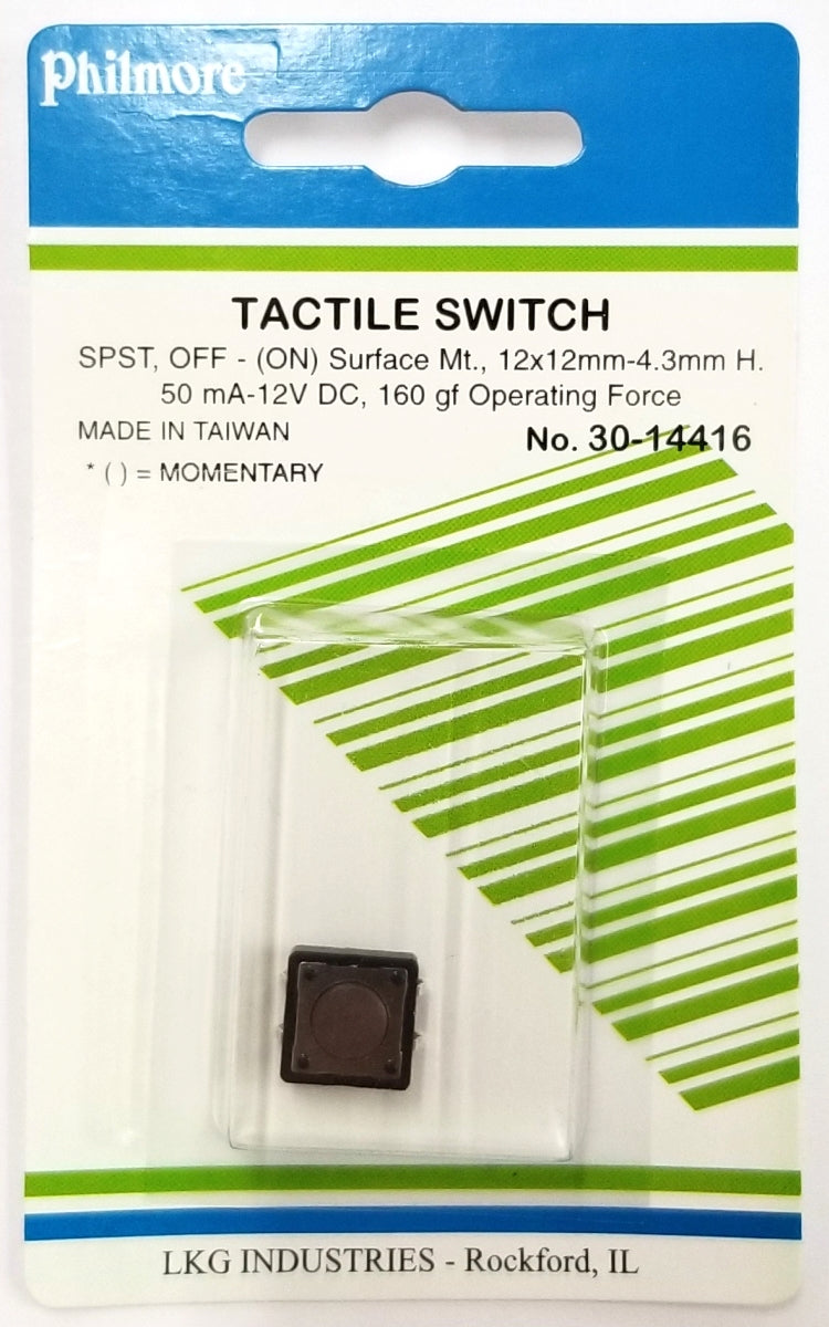 Philmore 30-14416 SPST OFF-(ON) Momentary 12.0mm x 4.3mm Tactile Switch