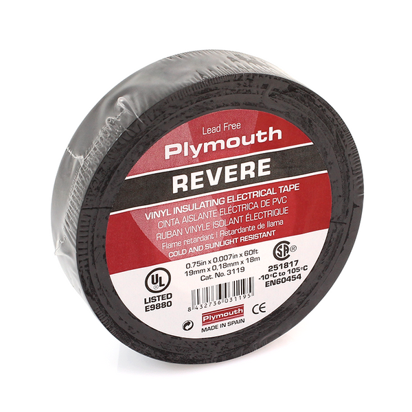 Plymouth Rubber # 3119, 3/4" x 0.007" x 66FT Roll of 600V BLACK Vinyl Tape