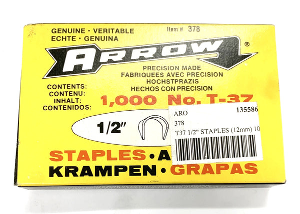 Arrow Fastener # 378 1/2" (12.0mm) Steel Staples for T37 ~ 1,000 Count Box