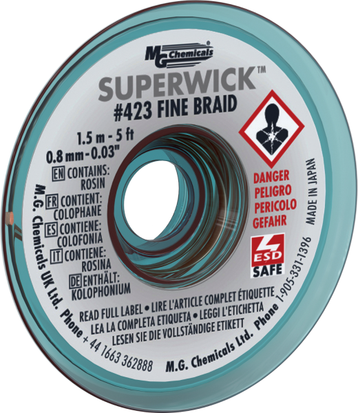 MG Chemicals 423 (#1) 5 Foot Length of 0.030" (0.8mm) Width Fine Braid Solder Wick, Static Free (SMT) Spool