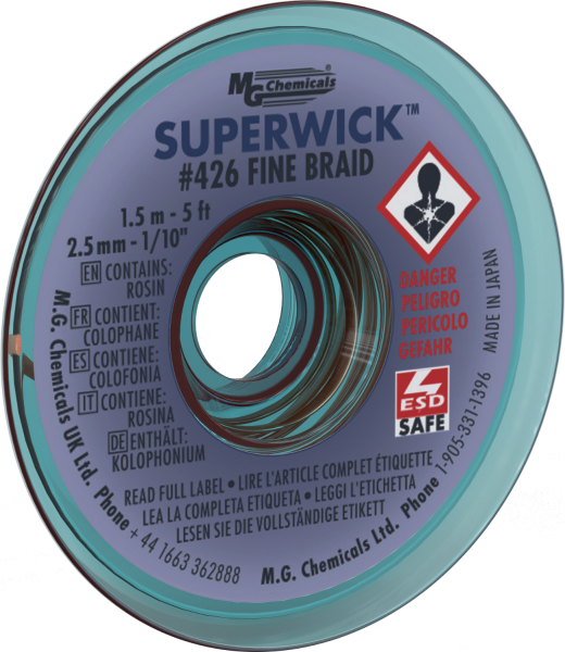 MG Chemicals 426 (#4) 5 Foot Length of 0.100" (2.5mm) Width Fine Braid Solder Wick, Static Free (SMT) Spool