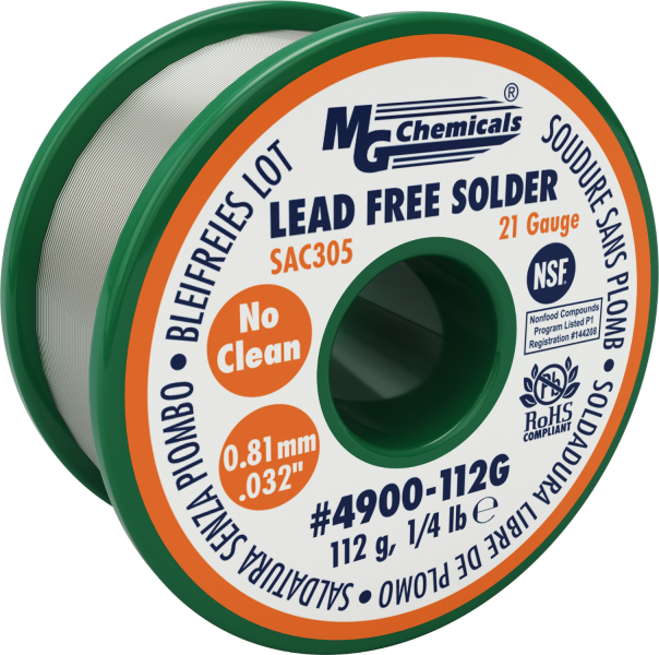 MG Chemicals 4900-112G, 112 gram (0.25 lb.) Roll of SAC305 Sn96, (21ga) .032'' Diameter Lead Free Rosin Flux Core Solder