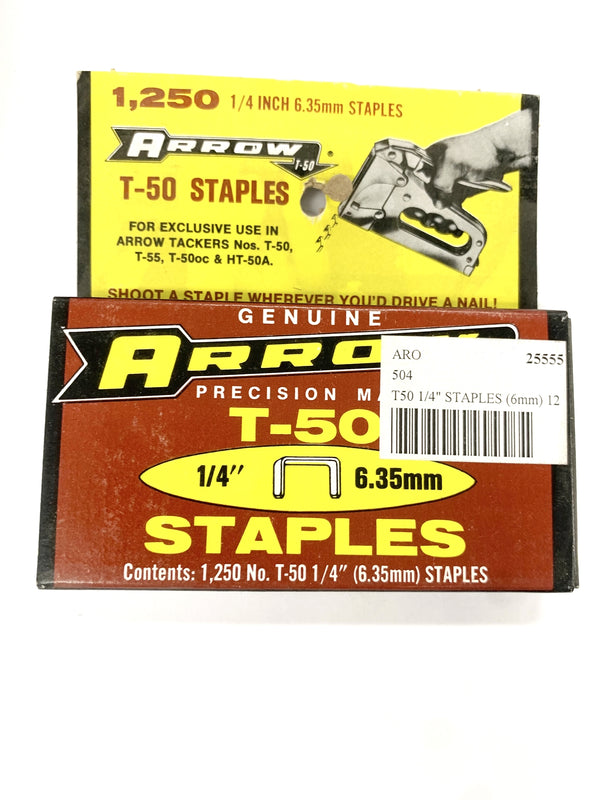 Arrow Fastener # 504, 1/4" (6.35mm) Steel Staples for T50 ~ 1,250 Count Box