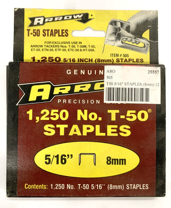 Arrow Fastener # 505, 5/16" (8.0mm) Steel Staples for T50 ~ 1,250 Count Box