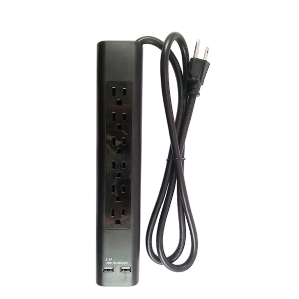 PS106s BK 6 OUTLET 4 FT SLIM BLACK POWER STRIP WITH SURGE PROTECTION, 2 USB CHARGING PORTS