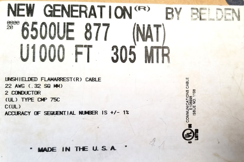 25' Belden 6500UE 2 Conductor 22 Gauge Unshielded, CMP Plenum Cable ~ 2C 22AWG