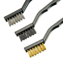 3 Pc 7" Mini Wire Brush Set, 1 Each with Stainless Steel, Brass & Nylon Bristles