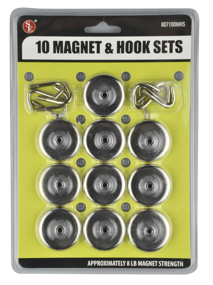 10 Piece 1-1/2" Round Magnet & Hook Set ~ 8lbs Pull Strength Each Hook