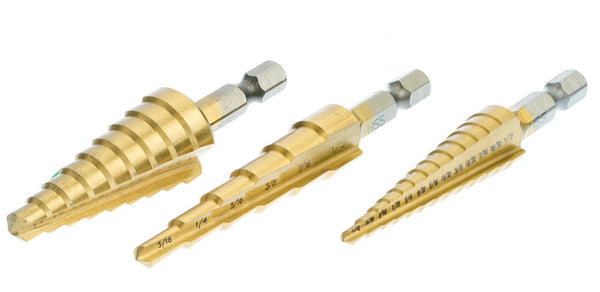 3 Piece Set of High Speed Steel Titanium Nitride Coated Step Drill Bits