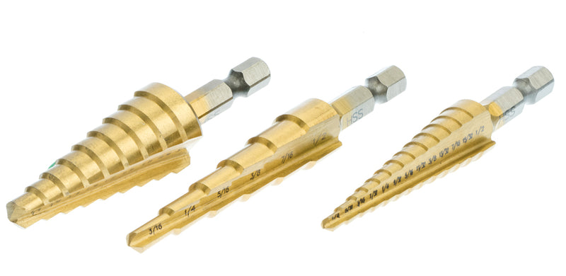 3 Piece Set of High Speed Steel Titanium Nitride Coated Step Drill Bits