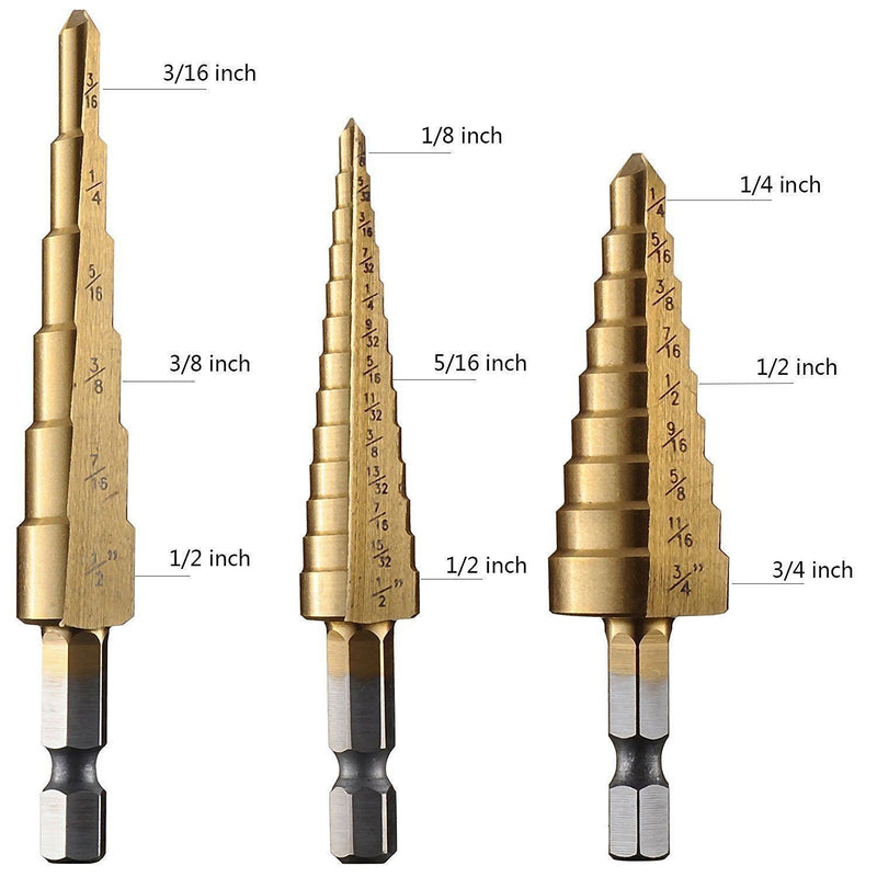 3 Piece Set of High Speed Steel Titanium Nitride Coated Step Drill Bits