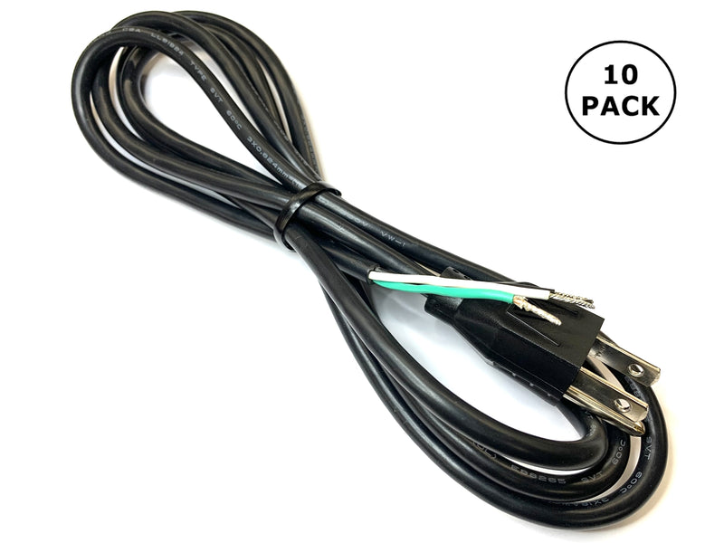 10 Pack Kobiconn AC Power Cords 6 Foot ~ 3 Wire 18AWG AC Plug to Stripped Ends