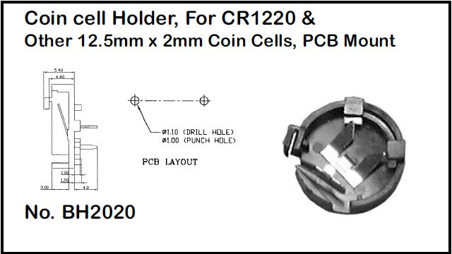 Philmore BH2020 Coin Cell Battery Holder for CR1220 12.5mm x 2.0mm Batteries