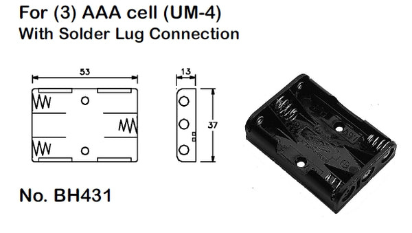 Philmore BH431 Three (3) AAA Cell (UM-4) Plastic Battery Holder, Solder Lug