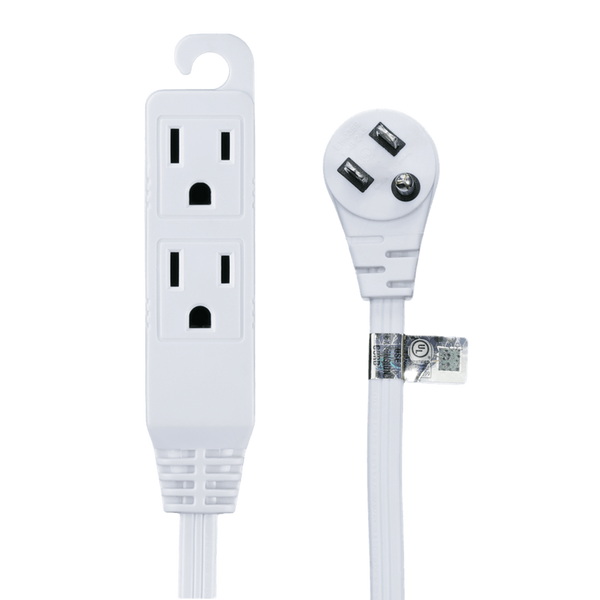 12ft White 3-Outlet Extension Cord – 2 Prong, 120V AC Power Cable, 15A, PT Brand