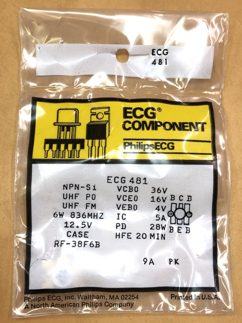 ECG481, 5A @ 36V NPN Silicon UHF Transistor 6W @ 836MHz ~ RF-38F6B (NTE481)