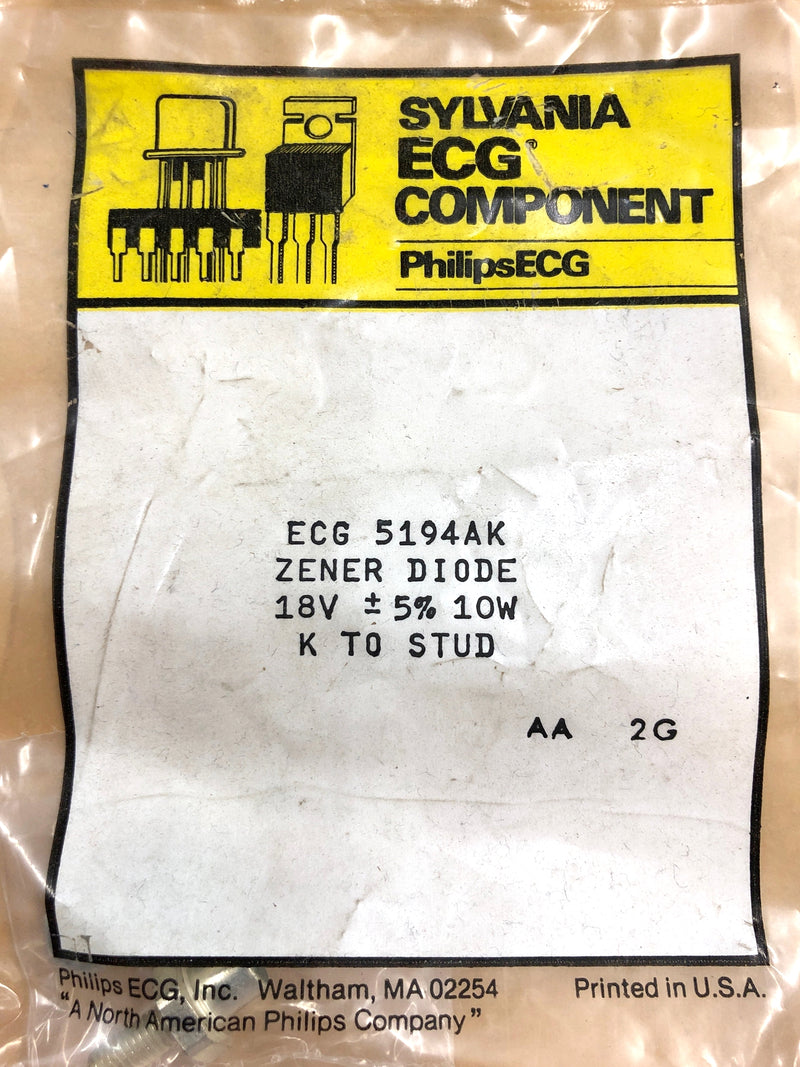 Philips ECG ECG5194AK, 18V @ 10W Zener Diode 5% ~ DO-4 Cathode Case (NTE5194AK)
