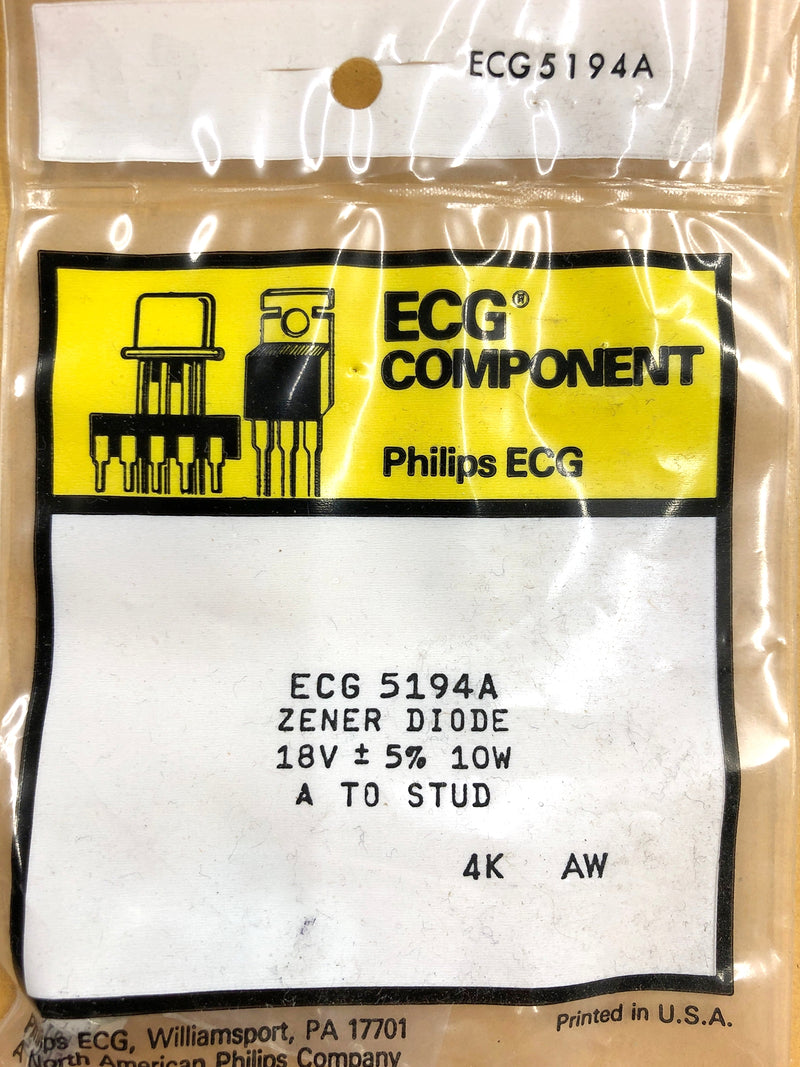 Philips ECG ECG5194A, 18V @ 10W Zener Diode 5% ~ DO-4 Anode Case (NTE5194A)