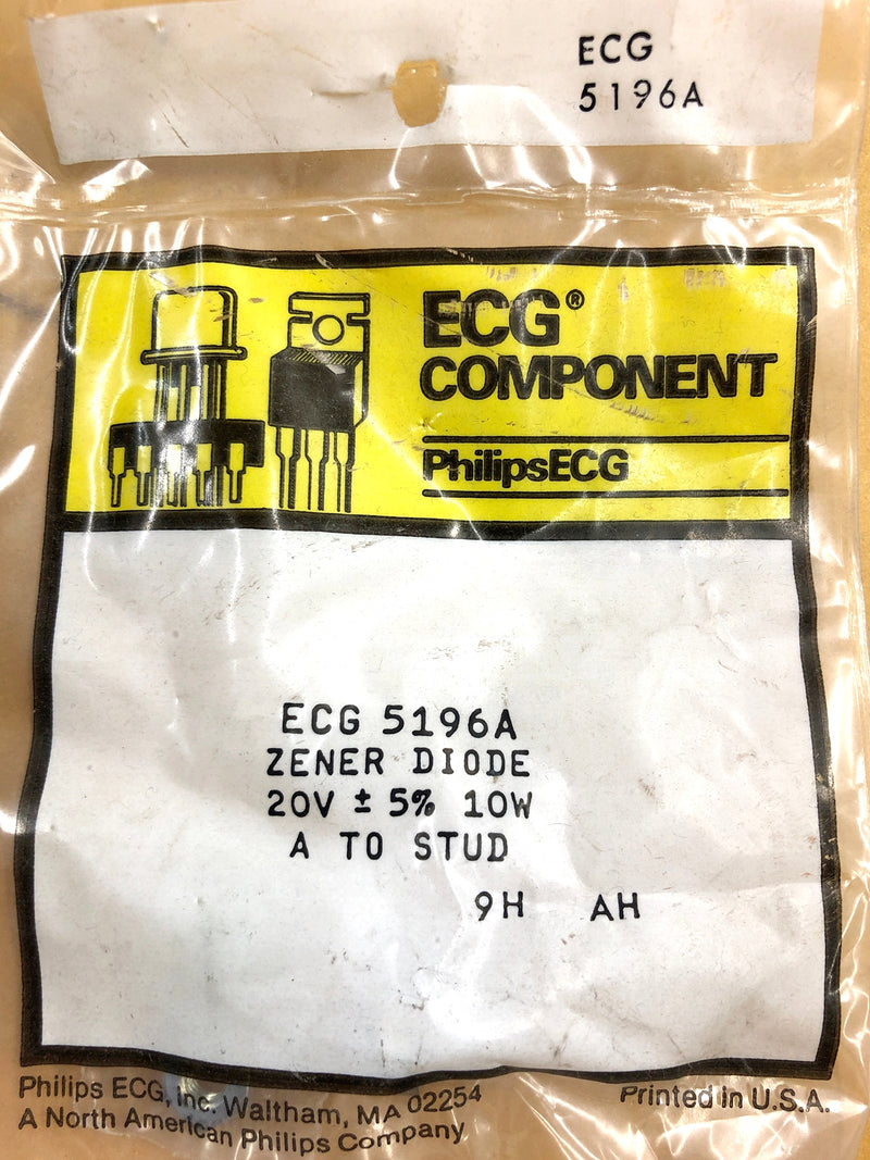 Philips ECG ECG5196A, 20V @ 10W Zener Diode 5% ~ DO-4 Anode Case (NTE5196A)