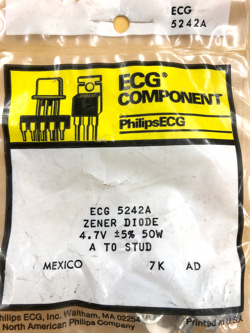 Philips ECG ECG5242A, 4.7V @ 50W Zener Diode 5% ~ DO-5 Anode Case (NTE5242A)