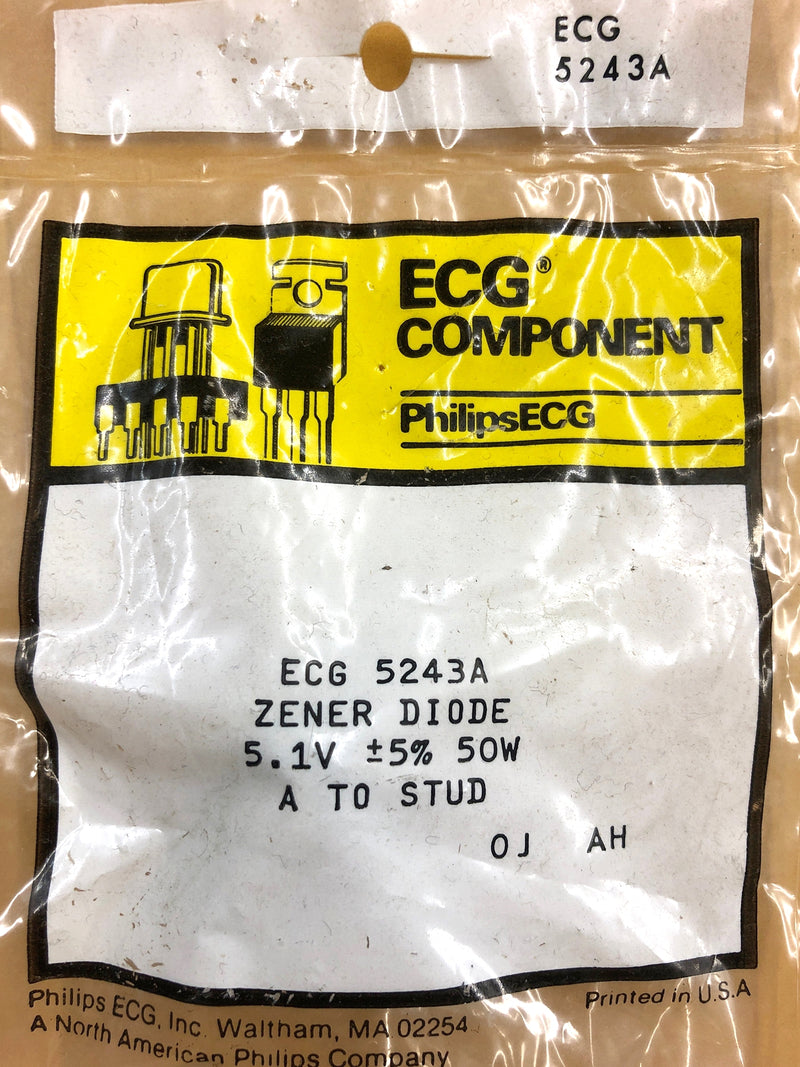 Philips ECG ECG5243A, 5.1V @ 50W Zener Diode 5% ~ DO-5 Anode Case (NTE5243A)