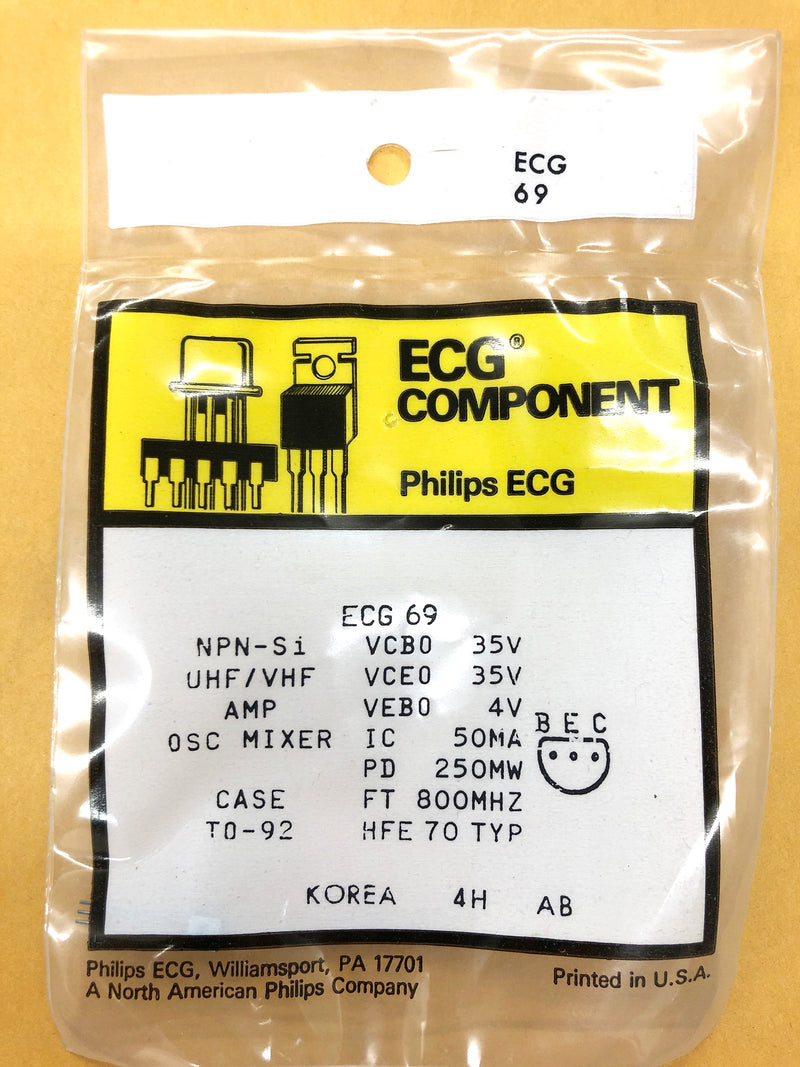 ECG69, 50mA @ 35V NPN Silicon Transistor UHF/VHF Amplifier ~ TO-92 (NTE69)