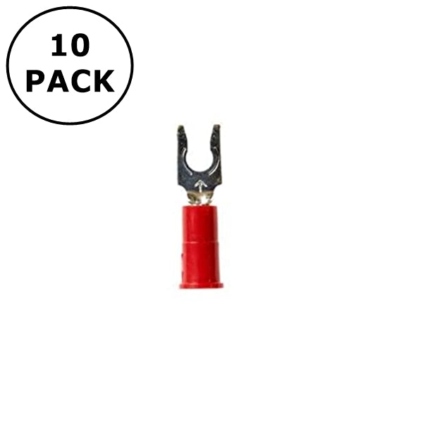 (2703) #6 Stud Red Vinyl Insulated Locking Fork Terminals 22-18AWG Wire 10 Pack