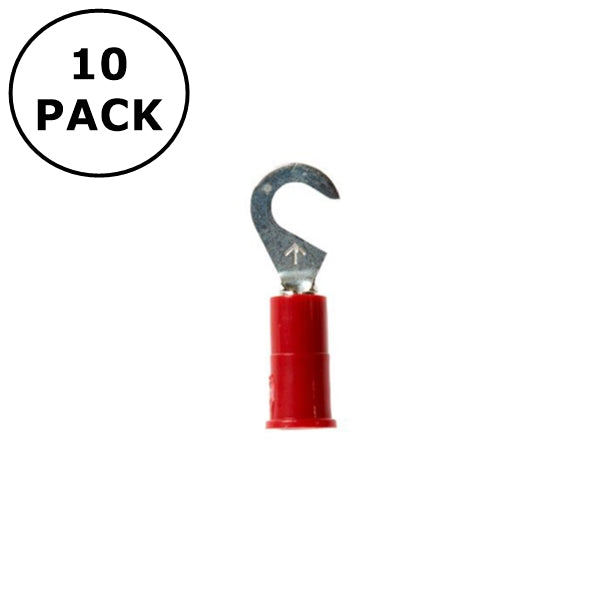 (2748) #6 Stud Red Vinyl Insulated Hook Terminals for 22-18AWG Wire ~ 10 Pack