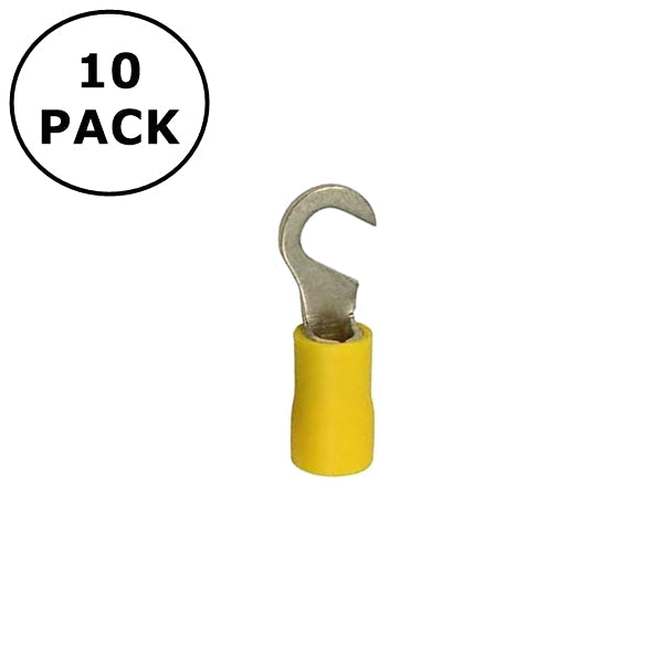 (2778) #10 Stud Yellow Vinyl Insulated Hook Terminals for 12-10AWG ~ 10 Pack